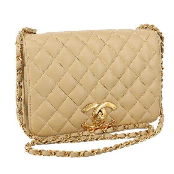 CHANEL Matelasse Chain Shoulder Bag Lamb Skin Beige Gold CC - Picture 1 of 16